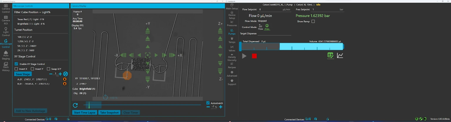 Example screenshot of Autobench with the camera window on the left, and the main window on the right showing the pump tab. In this case only a single syringe pump is configured, although typically three or four would be present.